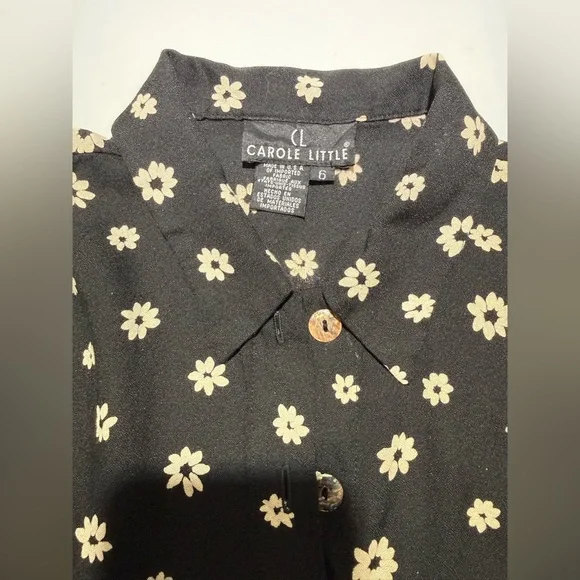 CAROLE LITTLE Collared Blouse Top Button Front Black off-white flowers  Size 6 - Picture 5 of 5